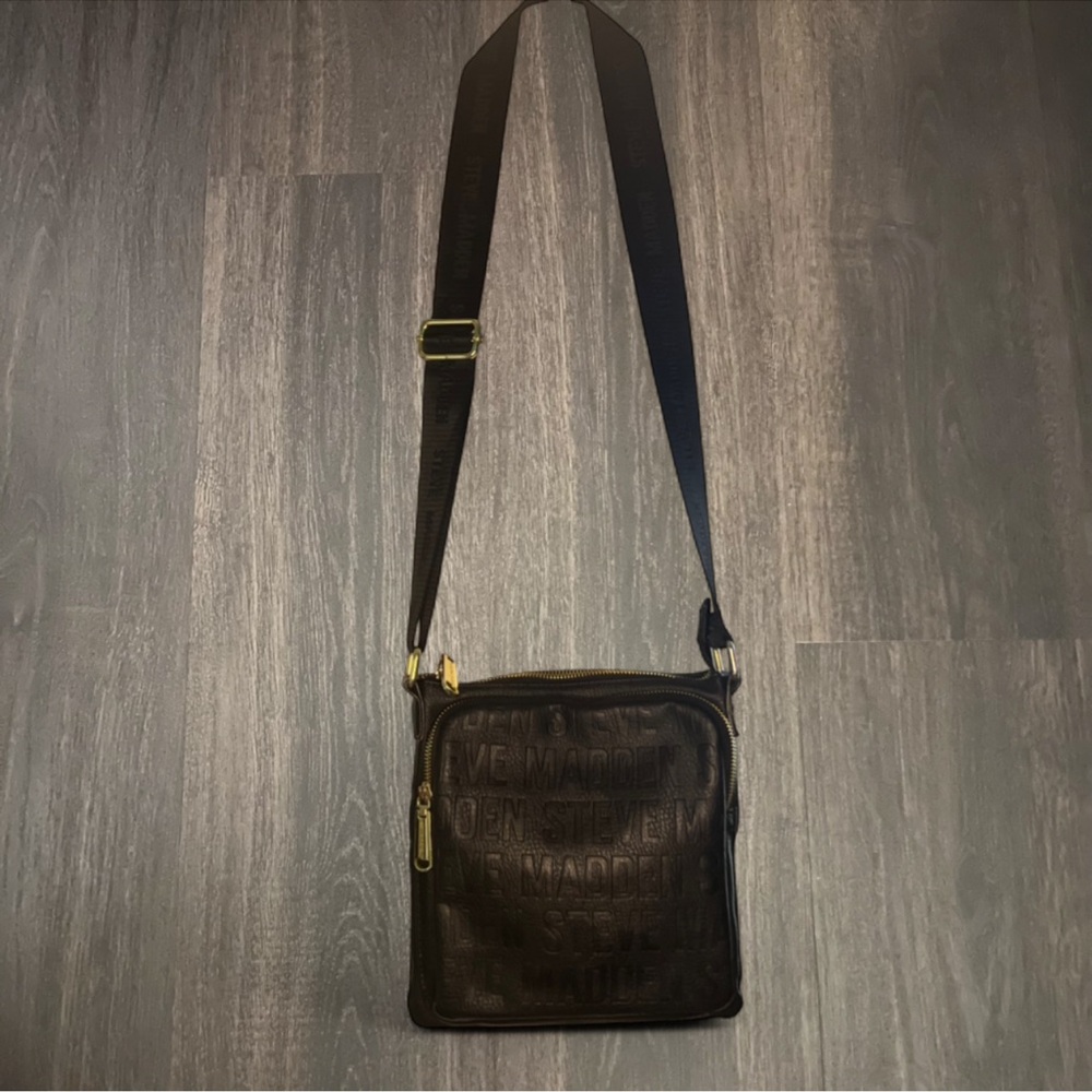 Steve Madden Black Leather Logo Crossbody Bag